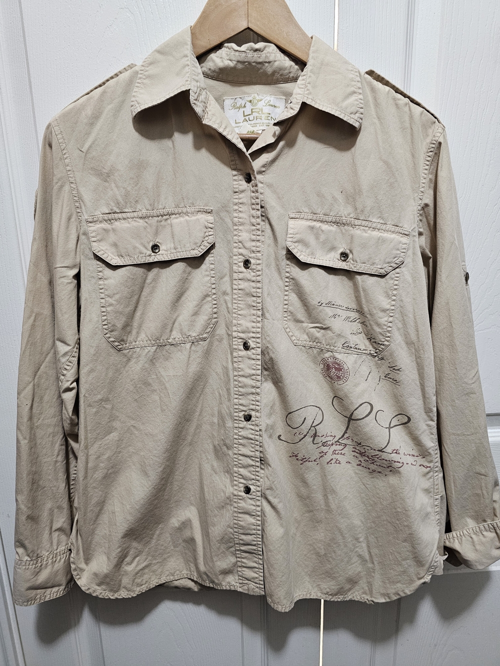 Lauren Ralph Lauren Beige Utility Button-Front Shirt Jacket Vintage